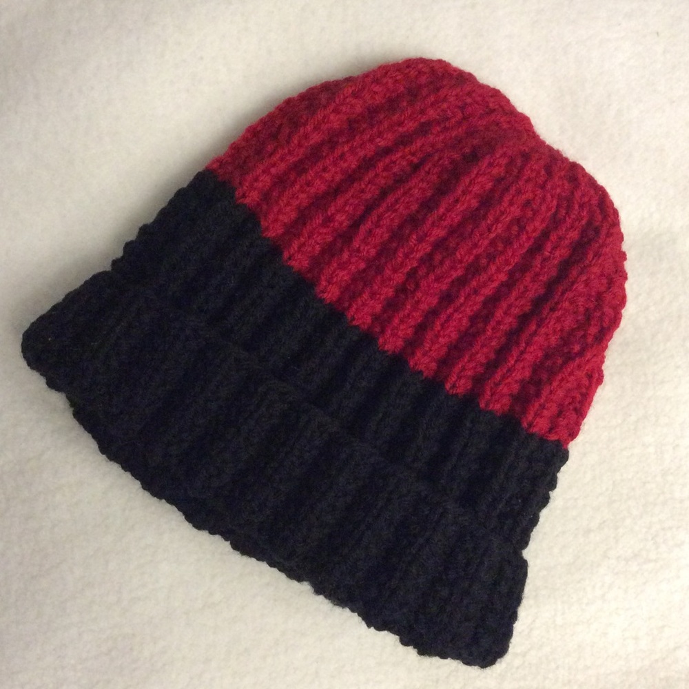 Brand new hand knit red and black cuff tuque
